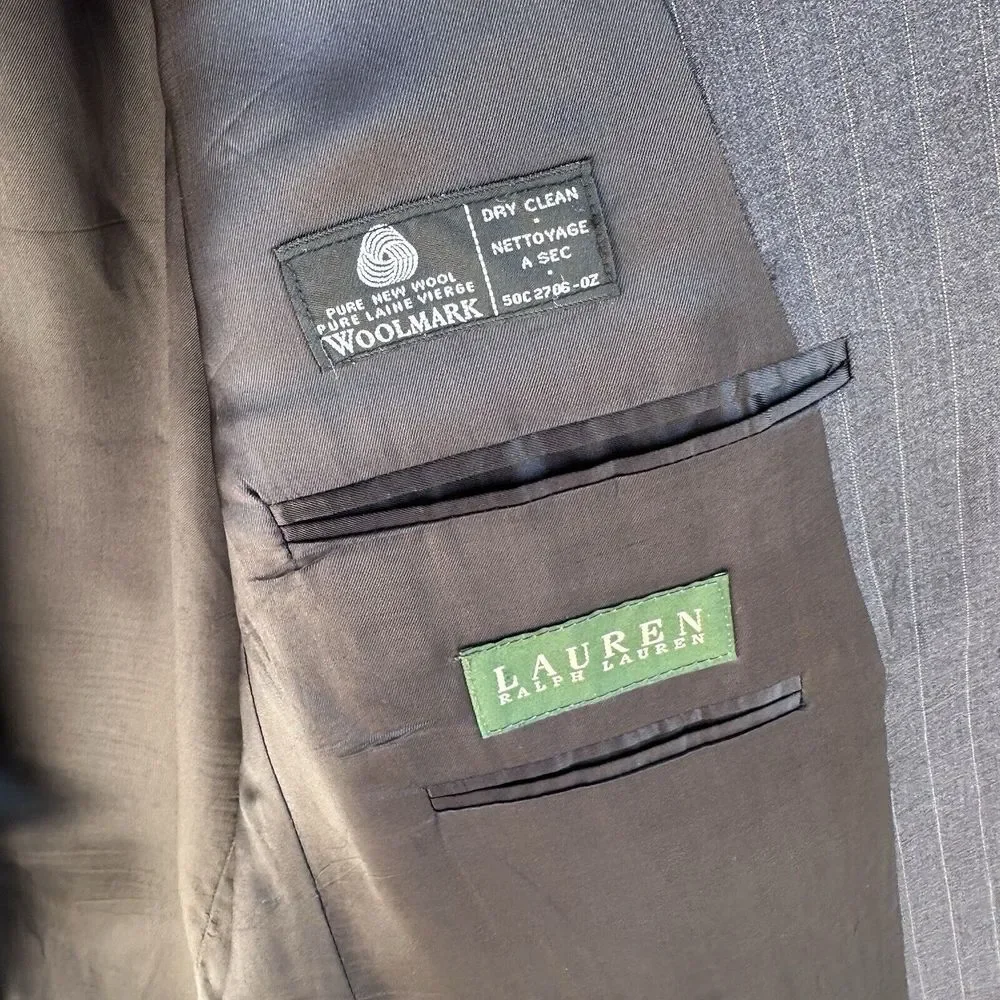 Lauren Ralph Lauren Blazer Jacket Sport Coat Mens‎ 44L Gray Wool Pin Stripe READ